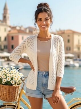 Chevron Knit Crop Cream Open Front Sweater Cardigan Size XL/XG 10-16